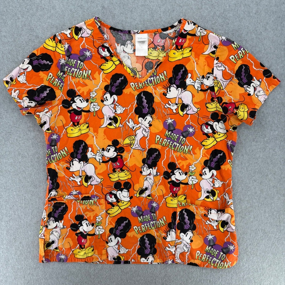 Disney Scrub Top Women Medium Orange Mickey Minnie Frankenstein Halloween